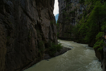 Canyon of the Aar Gorge - Aareschlucht on the Aare River in the canton of Bern, Switzerland. With its footbridges for hiking. Interlaken
