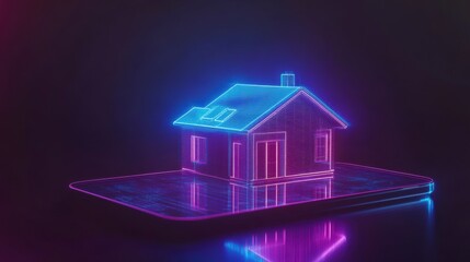 Digital house on smartphone, glowing neon, futuristic