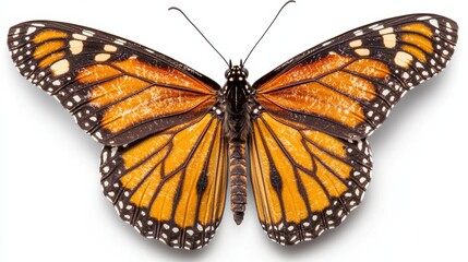 Obraz premium Capturing the beauty of a monarch butterfly in mid-flight against a white backdrop