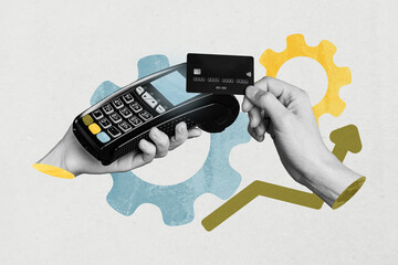 Exclusive art banner collage of hands hold pos terminal contactless payment credit card transaction...