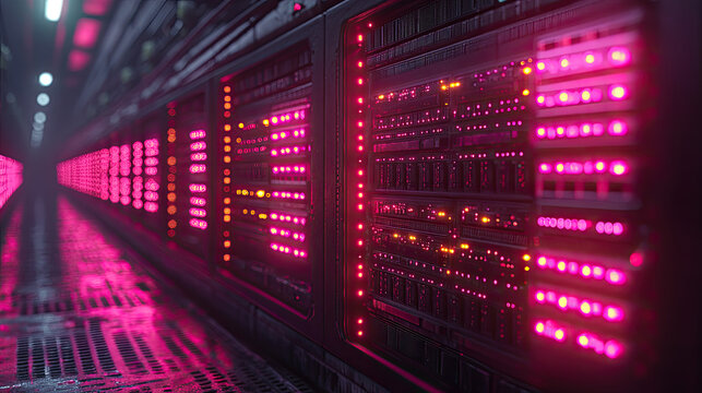Futuristic server rack array glowing pink