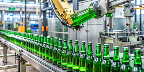 A robotic arm on an assembly line is carefully placing green glass bottles in a well-lit factory. Workers can be seen overseeing the efficient bottling process