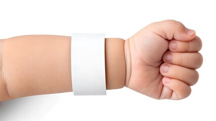Mockup of a blank white paper wristband on the wrist of a light-skinned baby with a clenched fist. Ideal for newborn identification, medical wristbands, and branding mockups.