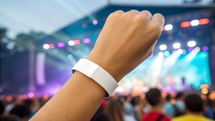 mockup of a white blank wristband on a hand at a concert with colorful lights and blurred crowd. Ideal for event branding, ticketing, and promotional design.