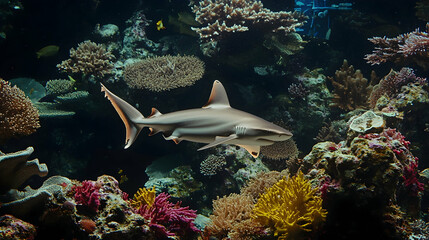 Shark swimming in aquarium coral reef background, underwater wildlife exhibit