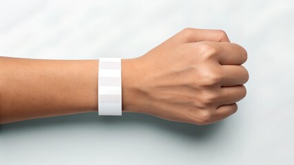 Obraz premium mockup of a white paper wristband on a light-skinned hand against a neutral background. Ideal for event access, security, branding, or customization.