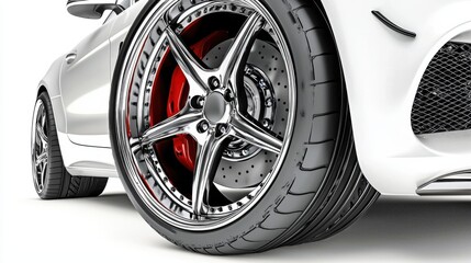 Sleek car tire spinning at high speed with dynamic performance focus in a clean environment