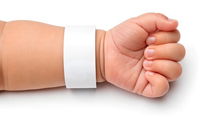 mockup of a white paper wristband on a newborn’s wrist against a soft white background. Ideal for hospital ID, maternity branding, and baby security.