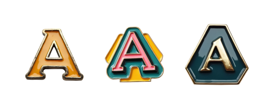 Set of enamel pin with a letter “A”, polished and colorful, metal badge with retro style, transparent background