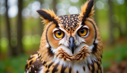 Fototapeta premium Close-up portrait of an owl with piercing amber eyes, standing in a lush green forest, symbolizing wisdom and alertness