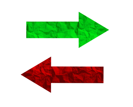 Arrow symbols pointing right and left, indicating choices and directions. Red and green signs representing opposite paths and decisions. Isolated on white background.
