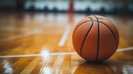 Obraz premium Close-up basketball rests on hardwood court, with blurred backdrop of hoop, inside indoor arena