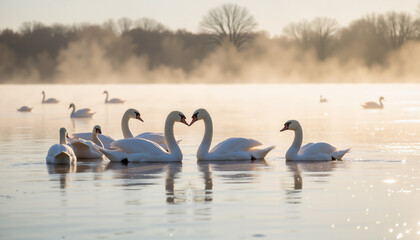 Swans resting on a misty lake in early spring, forming heart shapes with their necks as part of their elegant mating display