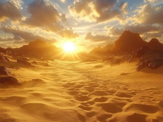 Fototapeta premium Golden Sunset over Desert Dunes, Majestic Rocks, Windswept Sands, Breathtaking View