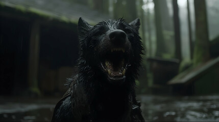 Wet black wolf snarling, forest background, abandoned structure, rainy day, wildlife imagery
