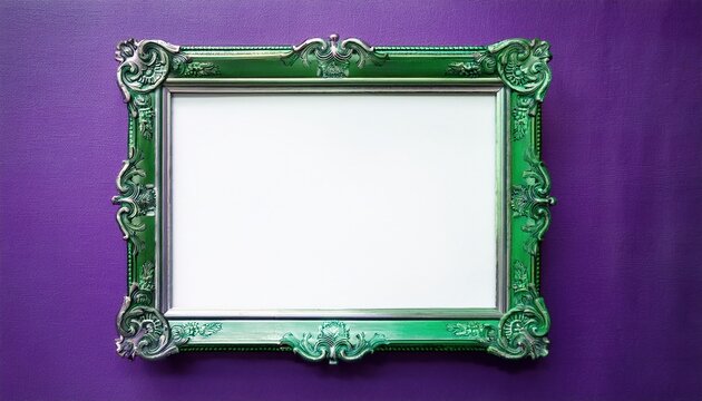 Elegant green ornate frame on purple background ready for artwork display, empty frame mockup