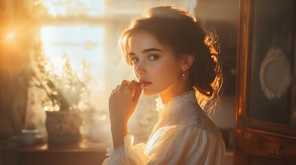 A bride adjusting her earrings in front of a vintage mirror, with sunlight streaming into the room