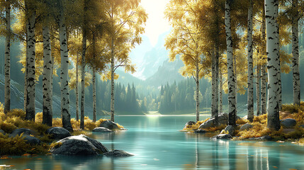Sunny landscape of a birch forest with greenery and sunlight streaming through the trees. Lake
