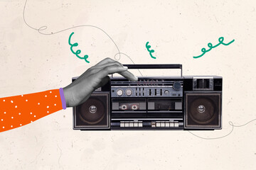 Exclusive art banner collage of hands show boombox celebration player soundtrack hit meloman...