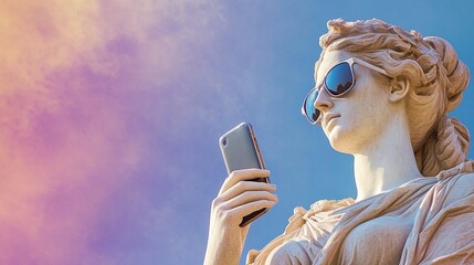 Ancient female statue wearing sunglasses, using a cell phone. Social media retrofuturism background