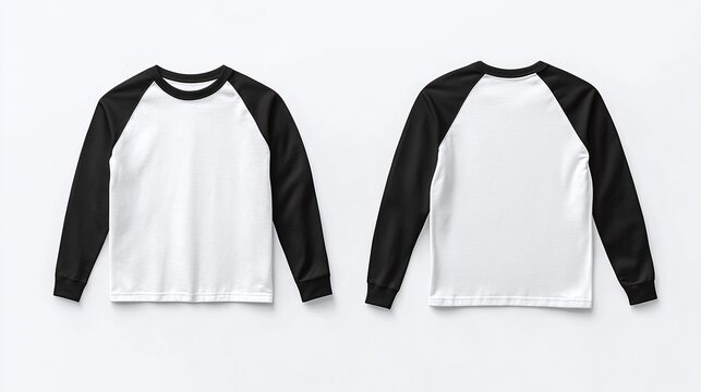 front and back views of a black and white long-sleeve raglan t-shirt template on a white background