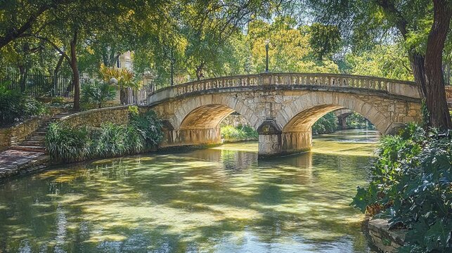 Stone arch bridge crossing the san antonio riverwalk in texas