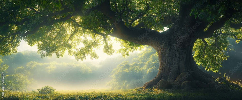 Poster a majestic tree with a large trunk and sprawling branches, bathed in soft sunlight, with misty rays 