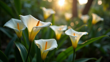 Cala lilies with their striking, cup-shaped flowers