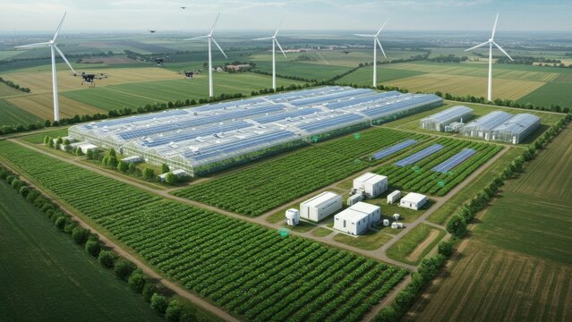 Aerial view of a sustainable greenhouse farm with wind turbines. - Powered by Adobe