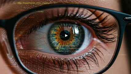 Close-up of an eye behind glasses with digital code overlay.