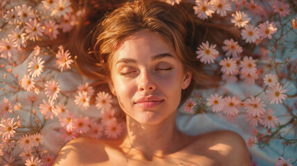 A young red head woman resting among daisies, spring serene scene.