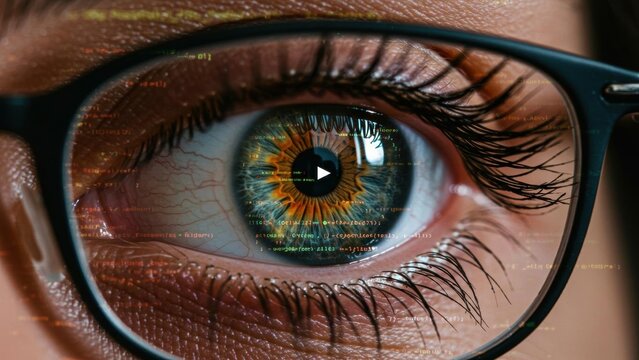 Close-up of an eye behind glasses with digital code overlay.