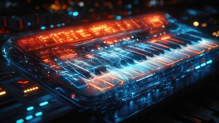 Futuristic translucent synthesizer keyboard in a dark recording studio