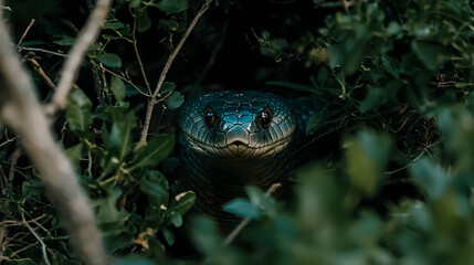Obraz premium Dark Blue Snake Hiding in Bush, Jungle, Close-up, Wildlife, Nature Documentary