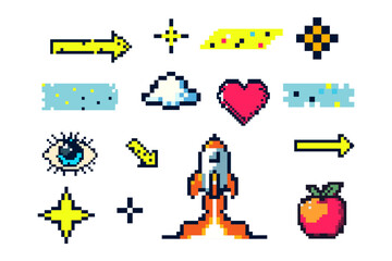 Pixel Art Icon Set Featuring A Rocket, Heart, Cloud, Arrows, Stars, And Eye In A Colorful 8-Bit Retro Style