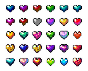 Collection Of Colorful Pixel Art Hearts In Various Shades And Styles, Designed In A Retro 8-Bit Video Game Aesthetic