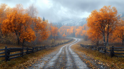 Obraz premium A winding dirt road flanked by vibrant orange trees under a cloudy sky, creating a tranquil autumn landscape.