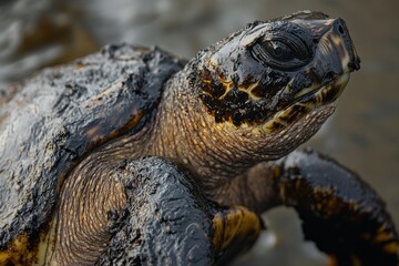 Obraz premium Sea turtle covered in sticky black crude oil highlighting the environmental impact and need for conservation. Close-up of sea turtle covered in oil.