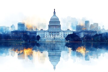 Watercolor-style Capitol Building in Washington D.C. reflected in a calm body of water