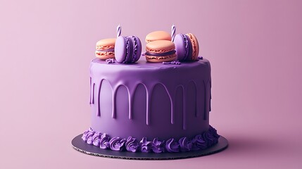 Happy birthday multi layer cake with purple icing and macaroons purple and orange theme decorative elements