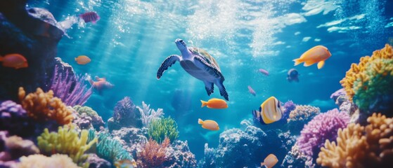 Fototapeta premium A sea turtle gracefully navigates a vibrant coral reef, surrounded by colorful fish in the sunlit, crystal-clear water.