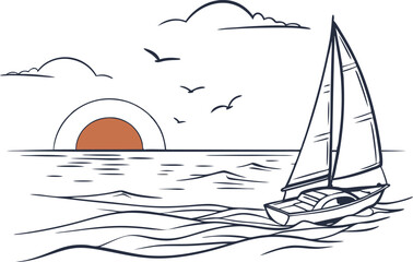 Stunning Sunset at the Sea with Sailboat Vector Art