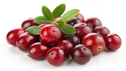 Obraz premium Cranberries with Leaves on White Background
