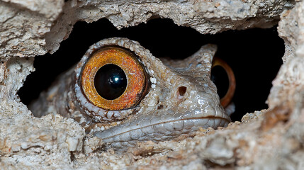 Obraz premium Gecko peering from rock crevice, close-up