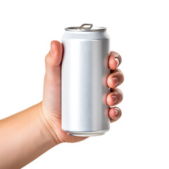 Hand Holding Silver Can Isolated on transparent background