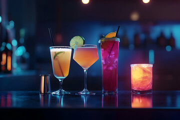 Elegant cocktails on a bar counter with atmospheric lighting and reflections showcasing vibrant nightlife