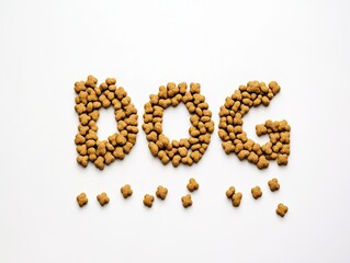 The word 'DOG' carefully arranged using small, dry dog food kibbles 