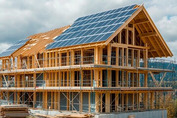 Obraz premium A house is in the process of being built, featuring prominent solar panels on the roof. Surrounding trees and clouds create a serene atmosphere in the daytime