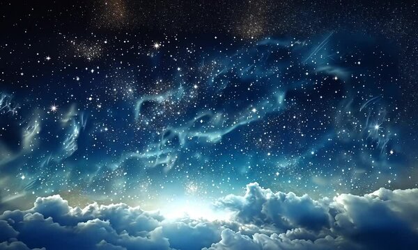 A vast cosmic night sky filled with bright stars and deep blue nebula. Concept of space exploration and mystery