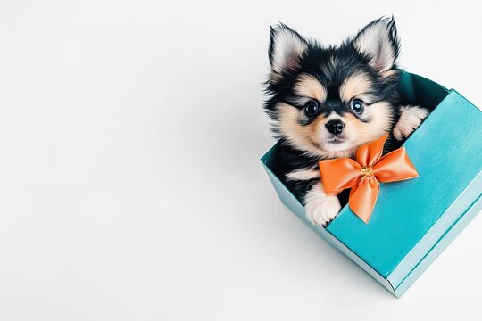 adorable Pomsky puppy sitting inside a beautifully bright blue gift box, next to box orange bow. 